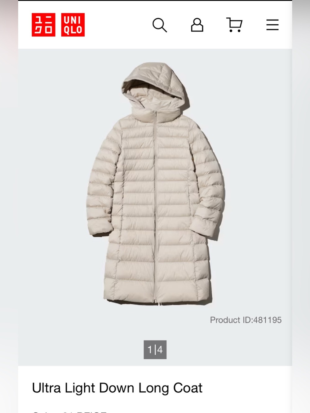 🍒Uniqlo ultra light down long coat in cream🍒